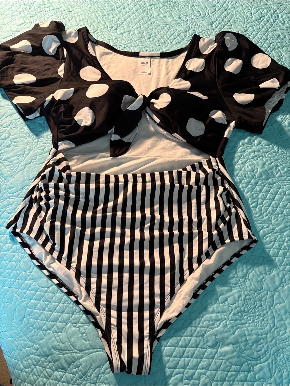 Tabitha Brown/Target 20W One-Piece Swimsuit Cutout Puff Sleeve Polka Dot Stripe